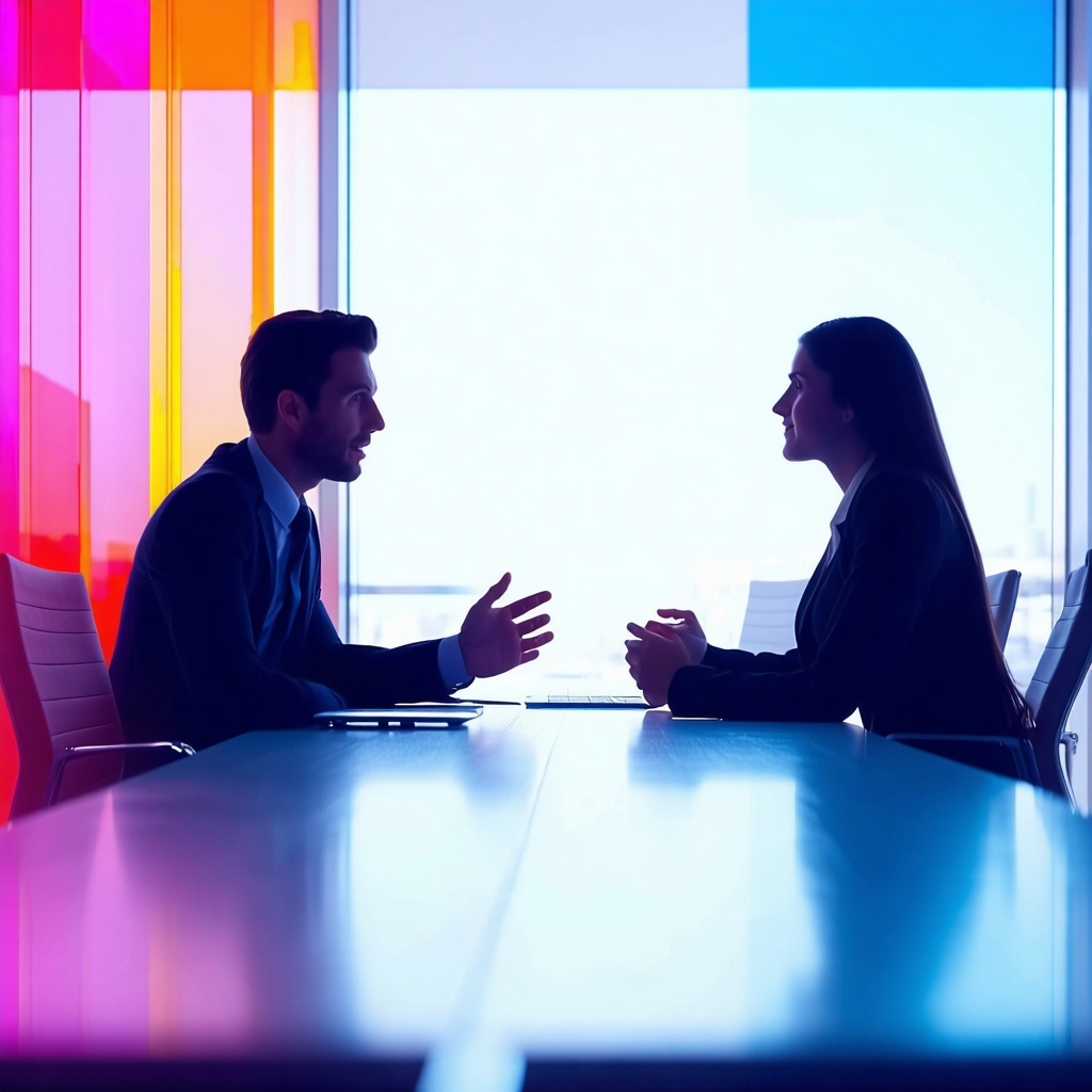 An manager and professional are engaged in a discussion over an office desk. 